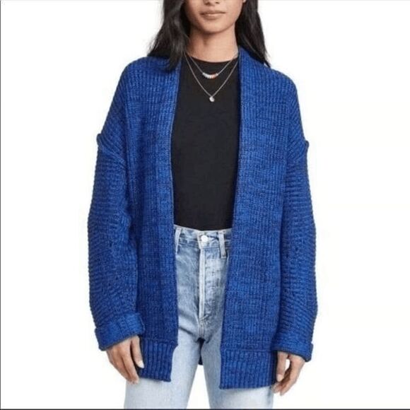 Free People High Hopes Blue Black Chunky Knit Sweater Cardigan Small - Picture 8 of 11